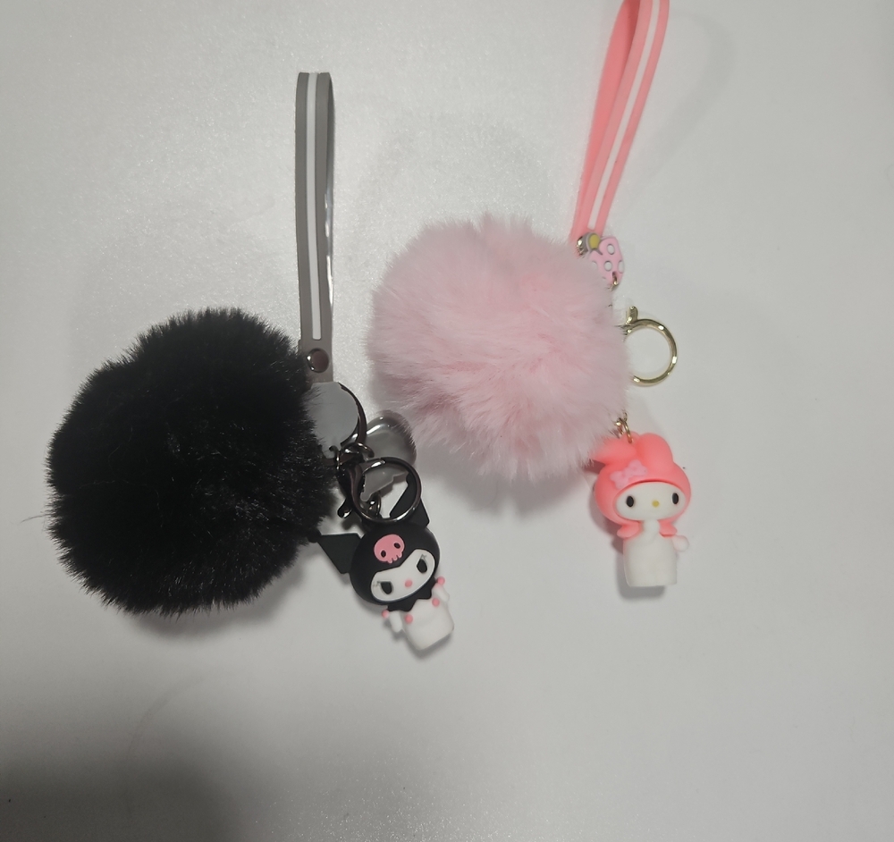 Cute Plush Keychain Set with Pink and Black Pom Poms